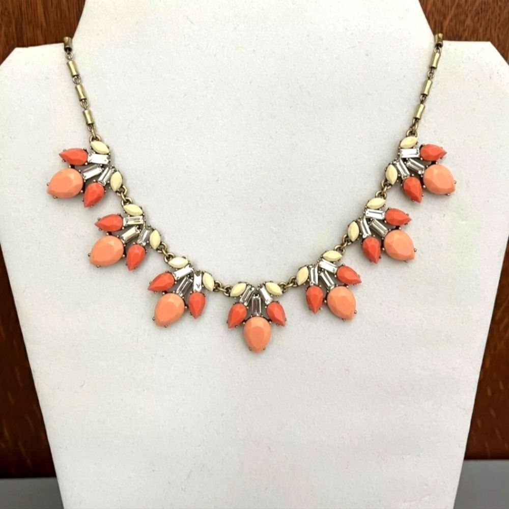 LOFT Orange-Peach Clear Rhinestone Teardrop Statement Necklace Gold Tone 17”+2”